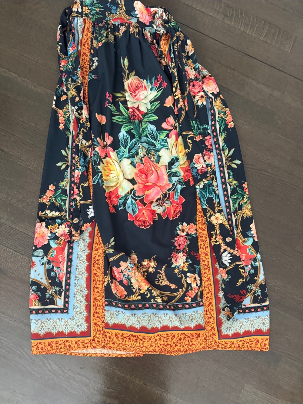 Agua Bendita Navy Floral Maxi Skirt with Coral and Gold Accents